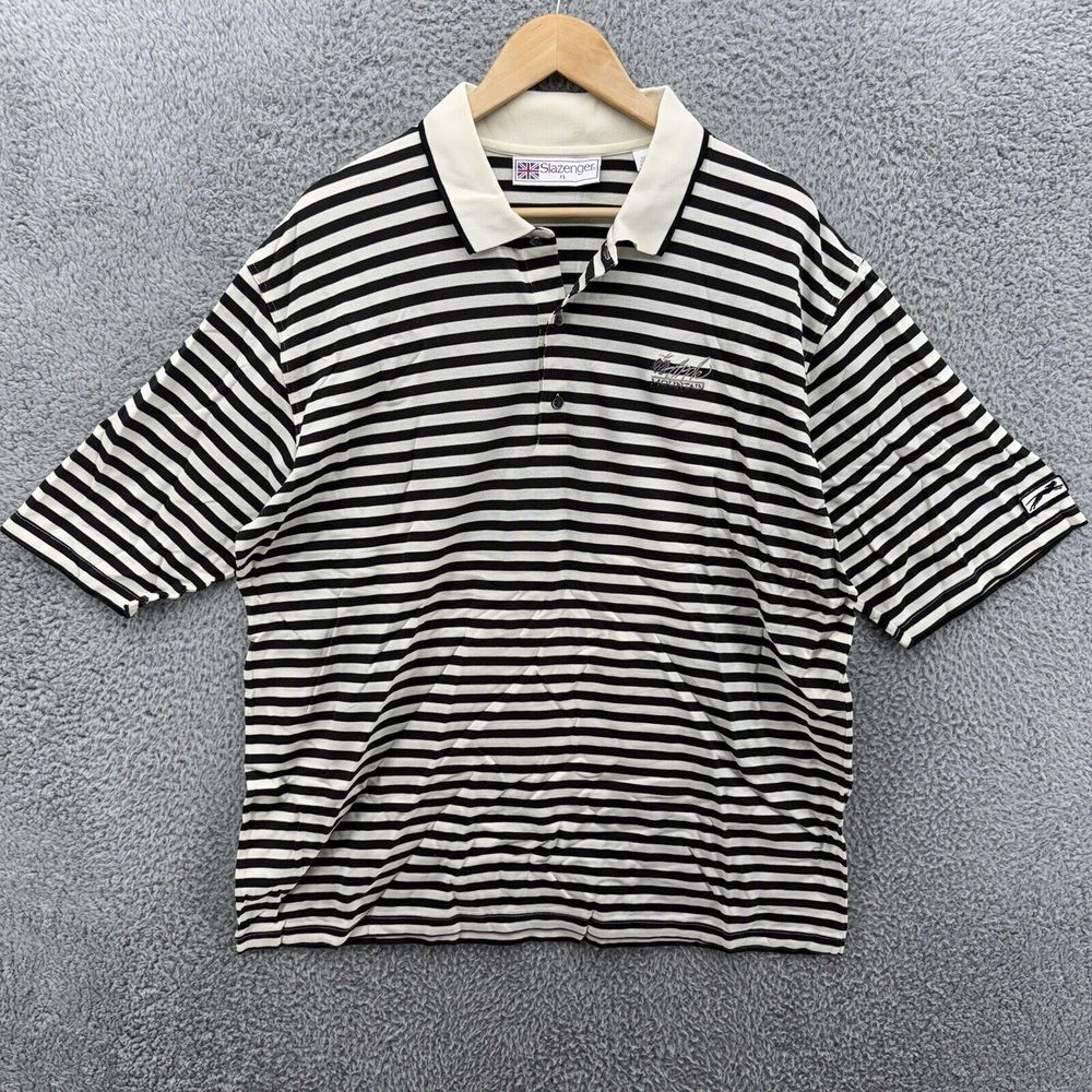 VTG Slazenger Polo Golf Shirt Black White Stripes Cotton Men's Size XL Apple Mtn